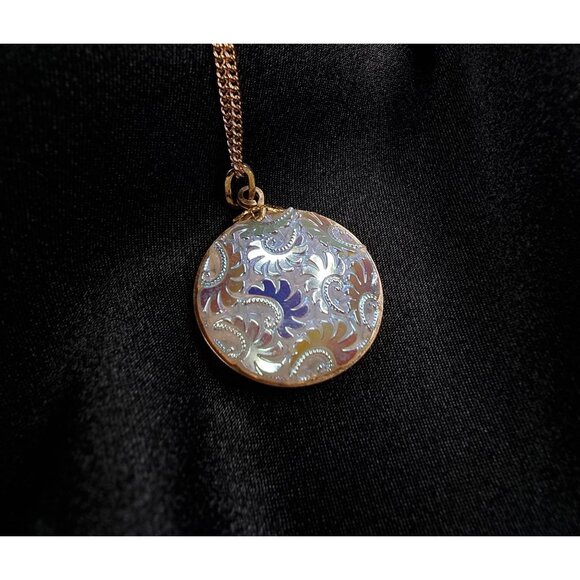 Vintage Gold-Tone Necklace With Iridescent Embossed Round Pendant - Picture 2 of 5